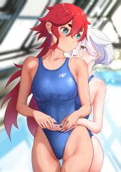 Rule 34 | 2girls, absurdres, ahoge, aqua eyes, blue one-piece swimsuit, commentary request, competition swimsuit, dark-skinned female, dark skin, grey eyes, gundam, gundam suisei no majo, height difference, highleg, highleg swimsuit, highres, hug, hug from behind, indoors, long hair, medium hair, miorine rembran, multiple girls, one-piece swimsuit, red hair, rei no pool, shourai, suletta mercury, swimsuit, thick eyebrows, wet, wet clothes, wet swimsuit, white hair, yuri