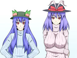 Rule 34 | 2girls, blue hair, blush, bow, breasts, contemporary, female focus, food, fruit, hat, hat bow, hinanawi tenshi, large breasts, leaf, long hair, long sleeves, looking at viewer, mamedenchi, multiple girls, nagae iku, peach, purple hair, red eyes, ribbed sweater, short hair, simple background, smile, sweater, touhou, very long hair