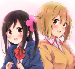 Rule 34 | 2girls, :d, blazer, blonde hair, blue jacket, blush, brown hair, collared shirt, commentary request, dot nose, flower, gradient background, hair flower, hair ornament, happy, hitori bocchi, hitoribocchi no marumaru seikatsu, jacket, long hair, looking at viewer, mole, mole under eye, multiple girls, one side up, open mouth, orange sweater, pink flower, red eyes, shirt, short hair, side-by-side, simple background, sk02, smile, sunao nako, sweater, upper body, yellow eyes
