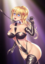 Rule 34 | 1girl, :d, alternate costume, asymmetrical breasts, bare shoulders, black gloves, black thighhighs, blonde hair, blue eyes, blush, breasts, collar, collarbone, commentary request, cowboy shot, darkness (konosuba), elbow gloves, gloves, gradient background, hair between eyes, hair ornament, haryudanto, heart, heart-shaped pupils, highleg, hypnosis, kono subarashii sekai ni shukufuku wo!, large breasts, leash, long hair, mind control, open mouth, ponytail, revealing clothes, slave, smile, solo, symbol-shaped pupils, teeth, thighhighs, upper teeth only, x hair ornament