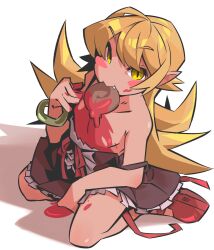Rule 34 | 1girl, blonde hair, blush, bracelet, doughnut, fang, flat chest, food, highres, jewelry, khyle., long hair, looking at viewer, monogatari (series), no nose, oshino shinobu, pointy ears, red footwear, shadow, shoes, solo, white background, yellow eyes