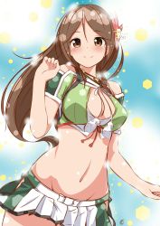 Rule 34 | 10s, 1girl, amagi (kancolle), arm at side, bad id, bad pixiv id, bare shoulders, blush, breasts, brown eyes, brown hair, cleavage cutout, clenched hands, clothing cutout, crop top, flower, hair between eyes, hair flower, hair ornament, highres, hip vent, kantai collection, large breasts, long hair, looking at viewer, midriff, miniskirt, mole, mole under eye, navel, pleated skirt, ponytail, short sleeves, skirt, solo, tatusinomu