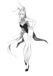 Rule 34 | 1girl, absurdres, animal ears, bo peng, collarbone, douluo dalu, full body, greyscale, hair ornament, hand on own hip, high heels, highres, looking at viewer, monochrome, pantyhose, ponytail, rabbit ears, sketch, smile, solo, white background, xiao wu (douluo dalu)