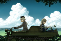 Rule 34 | 2girls, bad id, bad pixiv id, blonde hair, blue sky, cloud, dappled sunlight, day, glasses, hanna rudel, long hair, military, military uniform, military vehicle, motor vehicle, motorcycle, multiple girls, pantyhose, perrine h. clostermann, ponytail, reading, shiratama (hockey), sky, strike witches, strike witches: suomus misfits squadron, sunlight, tank, uniform, vehicle, world witches series