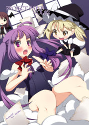 Rule 34 | 3girls, akino sora, alternate hairstyle, blonde hair, bow, chibi, cover, cover page, embodiment of scarlet devil, female focus, hair bow, hat, head wings, kirisame marisa, koakuma, long hair, multiple girls, one-piece swimsuit, open mouth, patchouli knowledge, purple eyes, purple hair, quad tails, school swimsuit, swimsuit, touhou, wings, witch, witch hat, yellow eyes