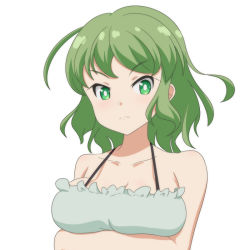 Rule 34 | 1girl, ahoge, arms up, bare shoulders, grabbing another&#039;s breast, breasts, cato (monocatienus), collarbone, commentary request, frown, grabbing, green eyes, green hair, looking at viewer, medium breasts, medium hair, simple background, soga no tojiko, solo, touhou, upper body, v-shaped eyebrows, white background