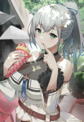 Rule 34 | 1girl, absurdres, bare shoulders, belt, blue hair, braid, breasts, cleavage, food, french braid, green eyes, grey hair, hair ribbon, high ponytail, highres, holding, holding food, hololive, ice cream crepe, large breasts, licking, licking finger, looking at viewer, medium hair, necktie, off-shoulder shirt, off shoulder, official alternate costume, official alternate hairstyle, outdoors, ponytail, ribbon, ritohasu 0522, see-through, see-through cleavage, shirogane noel, shirogane noel (5th costume), shirt, short necktie, sleeveless, solo, virtual youtuber, white shirt