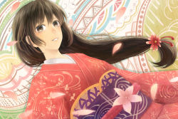 Rule 34 | 1girl, brown eyes, brown hair, dutch angle, flower, hair flower, hair ornament, japanese clothes, kimono, long hair, looking at viewer, low-tied long hair, multicolored background, obi, original, parted lips, petals, sakimori (hououbds), sash, smile, solo