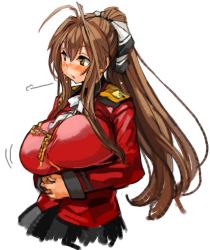 Rule 34 | 10s, 1girl, aiguillette, amagi brilliant park, antenna hair, black skirt, bow, breasts, brown hair, hair bow, huge breasts, interlocked fingers, long hair, long sleeves, open mouth, own hands clasped, own hands together, sachito, sento isuzu, simple background, skirt, solo, uniform, very long hair, white background, yellow eyes