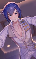 Rule 34 | 1boy, absurdres, blue eyes, blue hair, collarbone, collared shirt, commentary, cowboy shot, dreamxiety, english commentary, highres, kaito (vocaloid), long sleeves, looking at viewer, parted lips, pov, shirt, short hair, vocaloid, yumihike shiro no sekai de (project sekai)
