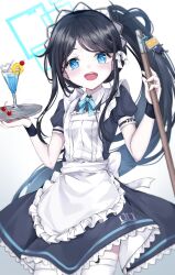 Rule 34 | &lt;key&gt; (robot) (blue archive), 1girl, absurdres, apron, aris (blue archive), aris (maid) (blue archive), black hair, blue archive, blue eyes, blue halo, blush, broom, cherry, cocktail glass, cup, dress, drinking glass, food, frills, fruit, halo, highres, long hair, looking at viewer, maid, maid apron, maid headdress, official alternate costume, open mouth, ponytail, short sleeves, smile, very long hair, white apron, wristband, yum draw