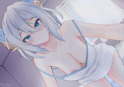 Rule 34 | 1girl, absurdres, areola slip, bent over, blue eyes, blush, breasts, chromatic aberration, curtains, dragon horns, dutch angle, grey hair, highres, horns, indoors, kiri yukino, large breasts, looking at viewer, medium hair, navel, nightgown, no bra, original, pointy ears, smile, solo, stomach, strap slip, white nightgown, window, yellow pupils