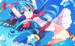 Rule 34 | 10s, 1girl, arms up, belt, beryl (merc storia), blue eyes, blue hair, bow, butterfly wings, detached sleeves, double bun, dress, hair bun, holding, insect wings, jumping, kuroi (liar-player), long hair, looking at viewer, matching hair/eyes, merc storia, puffy detached sleeves, puffy short sleeves, puffy sleeves, sandals, short sleeves, smile, solo, star (symbol), wand, wings