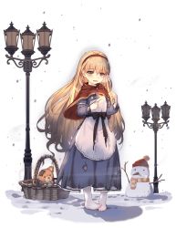 Rule 34 | 1girl, apron, ark order, basket, black bow, blonde hair, blue dress, bow, capelet, crying, dress, faux figurine, fire, frilled apron, frills, lamppost, little match girl, little match girl (ark order), long hair, matches, official art, patch, red capelet, snow, snowman, socks, solo, standing, stuffed animal, stuffed toy, teddy bear, torn clothes, torn socks, transparent background, very long hair, white apron, white socks, yellow eyes, you ni ge shaobing