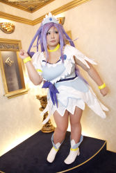 Rule 34 | 1girl, ankle boots, asian, blue eyes, blue hair, boots, bow, bracelet, breasts, choker, chouzuki maryou, cosplay, cure diamond, cure diamond (cosplay), dancing, dokidoki! precure, dress, headpiece, highres, jewelry, large breasts, long hair, magical girl, matching hair/eyes, photo (medium), plump, ponytail, precure, puffy short sleeves, puffy sleeves, ribbon, short sleeves, solo, tiara
