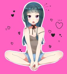 Rule 34 | 1girl, bad id, bad pixiv id, blue hair, blush, breasts, butterfly sitting, cleavage, heart, indian style, long hair, looking at viewer, makurappoi, open mouth, red eyes, sitting, small breasts, solo, strap slip, tendouji musubi, tokyo 7th sisters