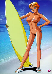 Rule 34 | 1990s (style), azato miwa, beach, blonde hair, blue eyes, breasts, dark skin, day, female pubic hair, full body, hand on own hip, holding, holding surfboard, large breasts, looking at viewer, mixed media, navel, nipples, non-web source, nude, ocean, official art, outdoors, photo background, pubic hair, retro artstyle, sand, sandals, short hair, smile, standing, surfboard, white footwear, yamada masaki, zenkoku seifuku bishoujo grand prix