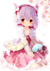 Rule 34 | 1girl, animal ears, azur lane, bell, blurry, blurry background, blush, bow, breasts, collarbone, commentary request, depth of field, dress, flower, frilled dress, frills, fuuna thise, hair between eyes, hair bow, hairband, hand fan, highres, holding, holding fan, jingle bell, laffey (azur lane), laffey (white rabbit welcomes the spring) (azur lane), long hair, long sleeves, looking at viewer, low twintails, own hands together, paper fan, parted lips, petals, purple hair, rabbit ears, red bow, red dress, red eyes, red hairband, seiza, sitting, small breasts, solo, twintails, uchiwa, very long hair, white flower