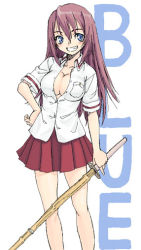 Rule 34 | 00s, 1girl, bamboo blade, breasts, cleavage, hand on own hip, kuwahara sayako, satou atsuki, shinai, solo, sword, weapon