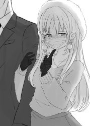 Rule 34 | 1boy, 1girl, black gloves, blonde hair, blush, business suit, couple, earrings, finger to mouth, formal, gloves, greyscale, hat, head out of frame, highres, jewelry, locked arms, long hair, mask, monochrome, mouth mask, nijisanji, original, pendant, shushing, sister claire, sister claire (4th costume), suit, surgical mask, sweater, virtual youtuber, walking, white background, winter clothes, yomei3week