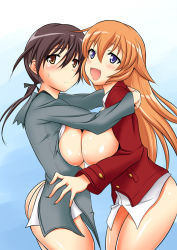 Rule 34 | 2girls, ass, asymmetrical docking, blouse, blue eyes, blush, bottomless, breast press, breasts, brown eyes, brown hair, charlotte e. yeager, gertrud barkhorn, large breasts, long hair, multiple girls, no bra, open clothes, open mouth, open shirt, orange hair, shirt, smile, strike witches, sweatdrop, symmetrical docking, world witches series, z-s-e