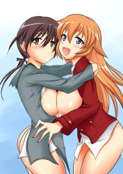 2girls ass asymmetrical_docking blouse blue_eyes blush bottomless breast_press breasts brown_eyes brown_hair charlotte_e._yeager gertrud_barkhorn large_breasts long_hair multiple_girls no_bra open_clothes open_mouth open_shirt orange_hair shirt smile strike_witches sweatdrop symmetrical_docking world_witches_series z-s-e