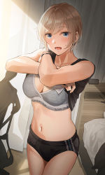 Rule 34 | 1girl, :d, bare arms, bed, bedroom, black buruma, black shirt, blouse, blue eyes, blush, bra, brand name imitation, breasts, buruma, chair, cleavage, clock, clothes lift, clothes on bed, collarbone, crossed arms, curtains, digital clock, earrings, grey bra, highres, jewelry, lifted by self, light brown hair, looking at viewer, lower teeth only, medium breasts, navel, office chair, open mouth, original, shirt, shirt lift, short hair, sleeveless, sleeveless shirt, smile, solo, striped buruma, striped clothes, sweatdrop, swivel chair, teeth, tipii, underwear, undressing, watch