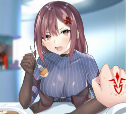 Rule 34 | 1boy, 1girl, absurdres, anger vein, archer (fate), black dress, black gloves, blurry, blurry background, blush, breasts, brown eyes, brown hair, center opening, choker, command spell, dress, earrings, elbow gloves, fate/grand order, fate/stay night, fate (series), food, fork, gloves, green dress, highres, jewelry, large breasts, layered dress, long hair, long sleeves, looking at viewer, multiple earrings, open mouth, plate, ribbed dress, ribbon-trimmed dress, sidelocks, sitting, table, very long hair, yu mei-ren (fate), yu mei-ren (first ascension) (fate), yufou