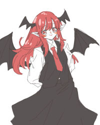 Rule 34 | 1girl, :&gt;, bat wings, black skirt, black vest, blush, commentary request, cowboy shot, head wings, highres, isagi, koakuma, leaning to the side, long sleeves, looking at viewer, necktie, pointy ears, red eyes, red hair, red necktie, sidelocks, simple background, skirt, skirt set, solo, touhou, vest, white background, wings