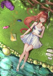 Rule 34 | 1girl, absurdres, animal, animalization, artist name, bag, bare arms, bare legs, barefoot, bird, blurry, blurry foreground, branch, breasts, brown hair, collarbone, commission, day, doki doki literature club, dress, closed eyes, from above, hair ribbon, hand on own stomach, highres, huge filesize, kaze-hime, long hair, lying, medium breasts, monika (doki doki literature club), natsuki (doki doki literature club), nature, on back, on ground, outdoors, plastic bag, ponytail, raccoon, ribbon, sayori (doki doki literature club), shoes, unworn shoes, signature, soaking feet, unworn socks, solo, squirrel, water, white dress, white ribbon, yuri (doki doki literature club)