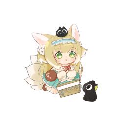 Rule 34 | :3, animal ears, aqua hairband, aqua skirt, arknights, bag, basket, black cat, blonde hair, bobby socks, brown bag, brown footwear, cardigan, cat, chibi, chinese commentary, commentary request, creature on head, crossover, fox ears, fox girl, fox tail, frilled hairband, frills, green eyes, hair ornament, hair scrunchie, hairband, heixiu, highres, holding, holding basket, hu ming yu shu, kitsune, kyuubi, long sleeves, luo xiaohei, luo xiaohei zhanji, multiple tails, neck ribbon, official alternate costume, open mouth, puffy long sleeves, puffy sleeves, red ribbon, ribbon, round bag, scrunchie, shoes, shoulder bag, simple background, skirt, socks, suzuran (arknights), suzuran (spring praise) (arknights), tail, white background, yellow cardigan