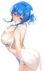 Rule 34 | 1girl, ass, azur lane, backless dress, backless outfit, bare shoulders, black panties, blouse, blue hair, braid, breasts, china dress, chinese clothes, cleavage, commentary request, dress, garter belt, hair between eyes, hair ribbon, highres, large breasts, leaning forward, looking at viewer, looking to the side, nironiro, panties, parted lips, purple eyes, ribbon, see-through, shirt, side braid, simple background, sleeveless, sleeveless shirt, smile, solo, st. louis (azur lane), st. louis (blue and white pottery) (azur lane), twin braids, twintails, underwear, white background, white dress, white ribbon