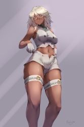 Rule 34 | 1girl, bare shoulders, breasts, crop top, dark-skinned female, dark skin, filin, fingerless gloves, gloves, guilty gear, guilty gear strive, highres, legs, long hair, long legs, medium breasts, midriff, navel, open fly, platinum blonde hair, ramlethal valentine, shirt, short shorts, shorts, signature, skindentation, solo, standing, thick thighs, thigh strap, thighs, white gloves, white shirt, yellow eyes