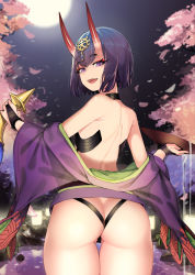 Rule 34 | 1girl, absurdres, ass, back, bare shoulders, bob cut, breasts, butt crack, cherry blossoms, cup, eyeliner, fangs, fate/grand order, fate (series), full moon, gourd, headpiece, highres, horns, japanese clothes, kimono, lantern, long sleeves, looking at viewer, looking back, makeup, moon, night, night sky, off shoulder, oni, onsen, open mouth, paper lantern, petals, pouring, purple eyes, purple hair, purple kimono, revealing clothes, revision, sakazuki, short hair, shuten douji (fate), skin-covered horns, sky, slit pupils, smile, solo, thigh gap, wading, water, wide sleeves, xiangzi box