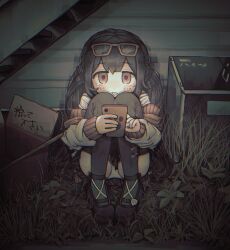 Rule 34 | 1girl, black footwear, black hair, black thighhighs, blush, box, braid, brown eyes, cardboard box, eyewear on head, for adoption, glasses, grass, hair between eyes, highres, holding, holding phone, jacket, long hair, long sleeves, on ground, open clothes, open jacket, original, phone, rnfhv, shirt, sidelocks, sitting, skirt, solo, thighhighs, tongue, tongue out, twintails, white shirt