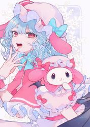 Rule 34 | alternate costume, animal ears, bat wings, black wings, blue bow, blue hair, blue neckwear, bow, capelet, curly hair, dog ears, eyelashes, fang, fingernails, floral background, frilled capelet, frilled cuffs, frills, hand to own mouth, hand up, hat, hat bow, hat ribbon, highres, katai (nekoneko0720), long fingernails, looking at viewer, medium hair, mob cap, my melody, nail polish, onegai my melody, open mouth, outstretched hand, pink bow, pink capelet, pink nails, red eyes, red nails, remilia scarlet, ribbon, sanrio, tagme, touhou, wings