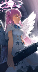 Rule 34 | 1girl, angel wings, blue archive, blue bow, bow, breasts, capelet, closed mouth, crescent, dress, feathered wings, frilled ribbon, frills, gun, hair bun, hair ribbon, highres, holding, holding weapon, kustaru, lanchester smg, large breasts, looking ahead, low wings, mika (blue archive), pink hair, ribbon, single side bun, smile, solo, standing, submachine gun, weapon, white capelet, white dress, white ribbon, white wings, wings, yellow eyes
