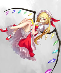 Rule 34 | 1girl, ascot, bad id, bad pixiv id, bare legs, blonde hair, bloomers, bobby socks, female focus, finger to mouth, flandre scarlet, hat, hat ribbon, highres, mary janes, neco, open mouth, red eyes, ribbon, shoes, short hair, side ponytail, skirt, skirt set, smile, socks, solo, touhou, underwear, wings