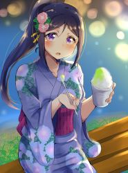 Rule 34 | 10s, 1girl, :o, bench, blue hair, blue kimono, blurry, blush, bokeh, cup, depth of field, floral print, flower, food, hair flower, hair ornament, highres, holding, holding cup, holding spoon, japanese clothes, kawa nen, kimono, long hair, looking at viewer, love live!, love live! school idol festival, love live! sunshine!!, matsuura kanan, morning glory, morning glory print, night, obi, open mouth, ponytail, purple eyes, sash, shaved ice, sidelocks, sitting, solo, spoon, tassel