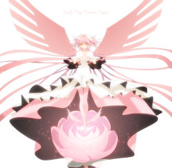 Rule 34 | 10s, 1girl, alternate costume, alternate hairstyle, bad id, bad pixiv id, boots, bow, dress, flower, full body, gloves, hair bow, hands on own chest, kaname madoka, long hair, mahou shoujo madoka magica, mahou shoujo madoka magica (anime), pink flower, pink footwear, pink hair, pink rose, rose, simple background, solo, spoilers, sumiporo, sumizuki, thighhighs, twintails, two side up, ultimate madoka, very long hair, wings, yellow eyes