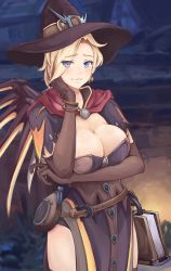 Rule 34 | 1girl, blonde hair, breasts, cleavage, eyes visible through hair, eyulam, hand on own face, hat, highres, large breasts, looking at viewer, md5 mismatch, mercy (overwatch), official alternate costume, outdoors, overwatch, overwatch 1, parted lips, smile, solo, standing, witch, witch hat, witch mercy