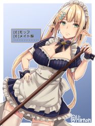 Rule 34 | 1girl, blonde hair, blue background, breasts, broom, cuffs, dress, elf, frilled skirt, frills, gradient background, green eyes, hand on own hip, headpiece, hiruno, large breasts, maid, maid day, maid headdress, miniskirt, original, pointy ears, pout, pouty lips, skirt, solo, twintails