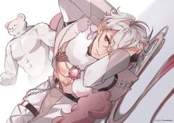 Rule 34 | 1boy, abs, ahoge, brown eyes, cioccolatodorima, grey hair, highres, humanization, jacket, long sleeves, male focus, muscular, nu carnival, one eye covered, open clothes, open mouth, pants, short hair, solo, topper (nu carnival), white jacket, white pants