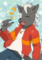 Rule 34 | 1boy, blush, earrings, furry, furry male, gizugazu, glowstick, happy, highres, holding, holding glowstick, imai shun, jacket, jewelry, looking at viewer, male focus, necklace, odd taxi, open mouth, red jacket, shirt, skunk boy, smile, solo, white shirt