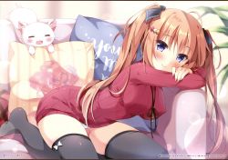 Rule 34 | 1girl, absurdres, animal, artist name, black thighhighs, blush, breasts, cat, commentary request, couch, covered erect nipples, cursive, dress, floral print, hair ornament, hair ribbon, hairclip, head rest, highres, huge filesize, indoors, letterboxed, light brown hair, long hair, long sleeves, looking at viewer, medium breasts, no shoes, on couch, original, pan (mimi), panties, pantyshot, pillow, purple eyes, red sweater, ribbed sweater, ribbon, scan, sitting, smile, solo, sweater, sweater dress, thighhighs, twintails, underwear, white panties