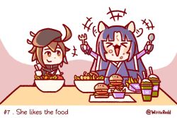 Rule 34 | 2girls, animal ears, arknights, bird girl, burger, chibi, cup, dog ears, dog girl, drink, eating, english text, excited, food, hat, multiple girls, plume, plume (arknights), saga (arknights), salad, twitter username, wittle red