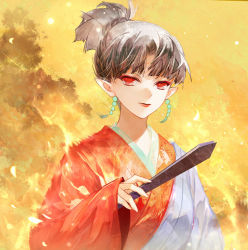 Rule 34 | 1girl, beads, black hair, burning, closed mouth, earrings, fire, hand fan, hand up, high ponytail, holding, holding fan, inuyasha, japanese clothes, jewelry, kagura (inuyasha), kimono, light particles, light smile, looking at viewer, petals, pointy ears, red eyes, red kimono, red lips, sleeves past wrists, snake937, solo, upper body, yellow background