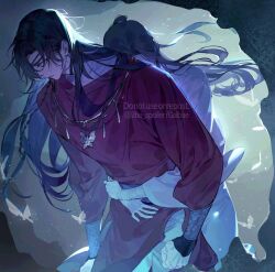 Rule 34 | 2boys, 2ha spoiler, bishounen, brown hair, bug, butterfly, butterfly necklace, chinese clothes, earrings, eyepatch, glowing butterfly, hua cheng, hug, hug from behind, insect, jewelry, long hair, long sleeves, male focus, multiple boys, tianguan cifu, very long hair, white butterfly, wide sleeves, xie lian, yaoi