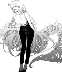 Rule 34 | +++, 1girl, absurdly long hair, blush, breasts, commentary, fang, greyscale, hemuling, highres, large breasts, leaning forward, long hair, monochrome, open mouth, original, pants, prehensile hair, shirt, simple background, sleeveless, sleeveless shirt, solo, standing, very long hair