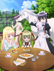 Rule 34 | 1boy, 3girls, :d, absurdres, alice cleveland, apron, black dress, black hair, blonde hair, blue eyes, blue sky, blunt bangs, blush, bow, brown eyes, cup, day, dress, fence, food, fork, formal, gate, hair between eyes, hanabusa youtarou, happy, highres, holding, holding fork, horse, jacket, juliet sleeves, kidouin makio, lance n&#039; masques, light rays, long sleeves, looking at another, looking down, maid, maid apron, maid headdress, multiple girls, official art, one eye closed, open mouth, outdoors, own hands together, pants, pie, plate, pouring, puffy sleeves, red eyes, sandwich, saucer, school uniform, shirohime (lance n&#039; masques), short twintails, sidelocks, sitting, sky, smile, spoon, standing, sudou yoriko, suit, sunbeam, sunlight, table, tea, teacup, teapot, tears, tree, twintails, white jacket, white pants